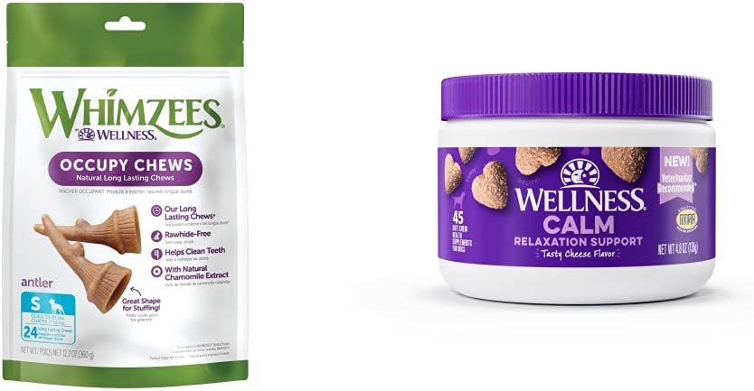 Whimzees by Wellness Occupy Antler Dental Chews for Dogs, Small Breed, 24 Count + Wellness Calming Soft Chews Dog Supplements, Tasty Cheese Flavored, 45 Count