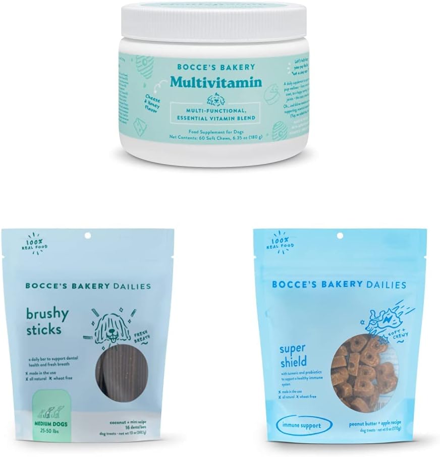 Bocce's Bakery Strong & Steady Bundle for Dogs, Wheat-Free Dog Treats, Made with Real Ingredients, Baked in The USA, All-Natural Soft & Chewy, Brushy Sticks & Supplement Assortment (Medium)