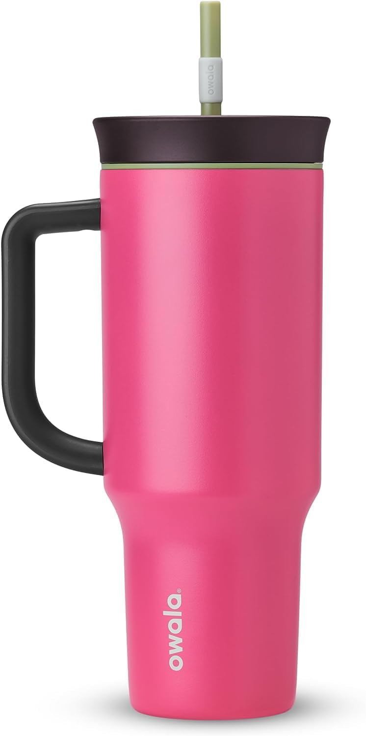 Owala Stainless Steel Triple Layer Insulated Travel Tumbler with Spill Resistant Lid, Straw, and Carry Handle, BPA Free, 40 oz, Pink (Watermelon Breeze)