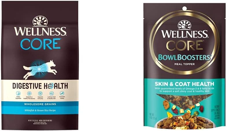 Wellness CORE Digestive Health Dry Dog Food with Wholesome Grains, Whitefish & Brown Rice, 22 Pound Bag + CORE Bowl Boosters Skin & Coat Health Dog Food Topper