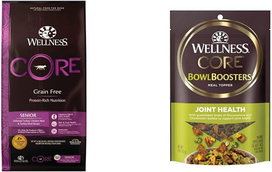 Wellness CORE Natural Grain Free Senior Dry Dog Food, 24 Pound Bag CORE Bowl Boosters Joint Health Dog Food Topper