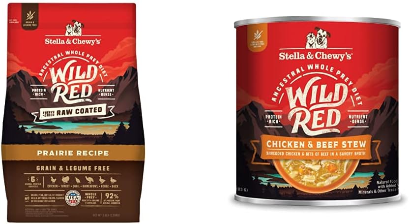 Stella & Chewy's Wild Red Raw Coated Kibble Dry Dog Food Grain Free Prairie Recipe, 3.5lb Bag + Wild Red Chicken & Beef Stew Wet Dog Food, 10oz Cans (Pack of 6)