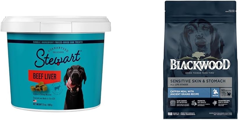 Stewart Bundle Single Ingredient Freeze Dried Raw Dog Treats, Beef Liver, 21 Ounce Tub + Blackwood Sensitive Skin & Stomach Dry Dog Food, Catfish Meal & Brown Rice with Ancient Grains, 4.5 Pound Bag