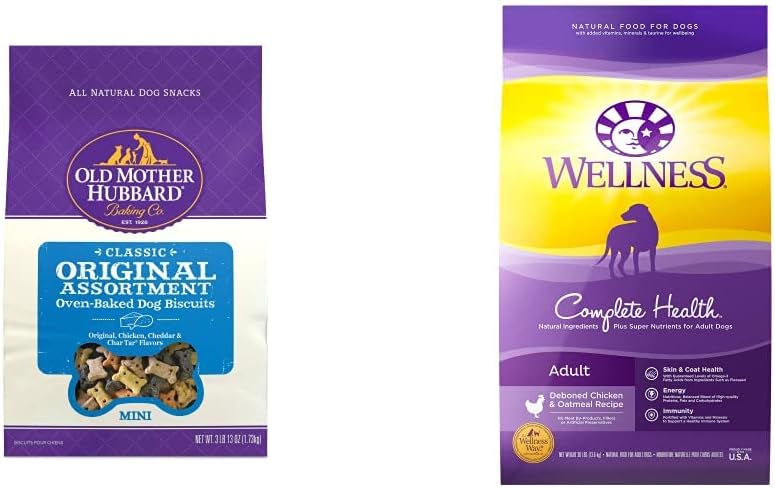 Wellness Old Mother Hubbard Classic Original Assortment Biscuits Baked Dog Treats, Mini, 3.8 Pound Bag Complete Health Dog Food, 30 Pound Bag