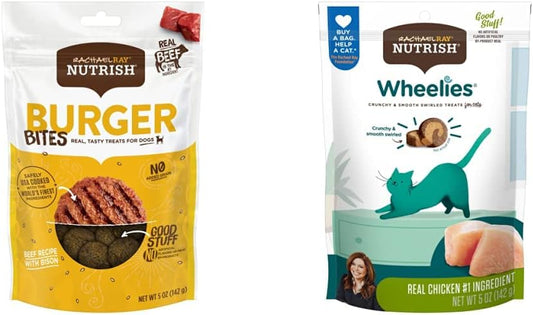 Rachael Ray Nutrish Burger Bites 5 Ounce (Pack of 5) Dog Treats + Wheelies Chicken 5 Ounce (Pack of 6) Cat Treats Bundle