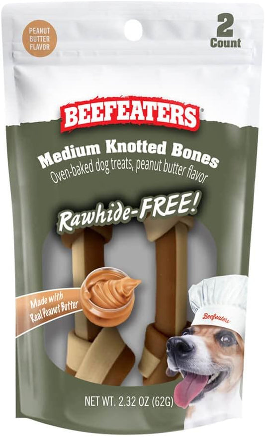 Beefeaters Dog Treats - Med Knotted Bone 4" PB Flavor 2ct, Case of 12 | Rawhide Free Dog Food | Real Peanut Butter | No Artificial Flavors | Dental Cleaning | Training Treats for All Dog Sizes