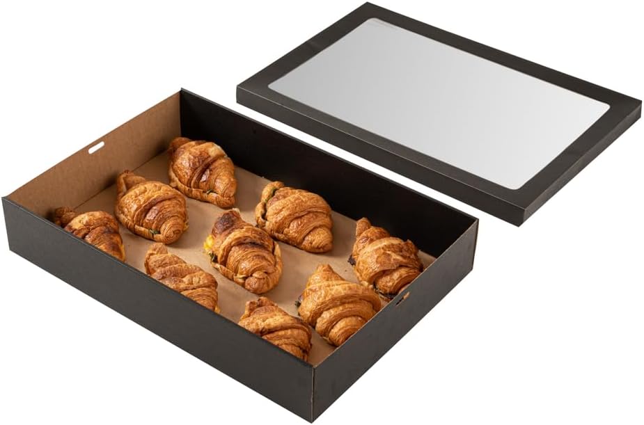 Restaurantware Cater Tek 17.9 x 12.3 x 3.2 Inch Baked Goods Boxes 10 Greaseproof Pastry Boxes - Window Lids Insert Tab Lock Black Paper Catering Boxes Easy Assembly For Charcuterie Or Cupcakes