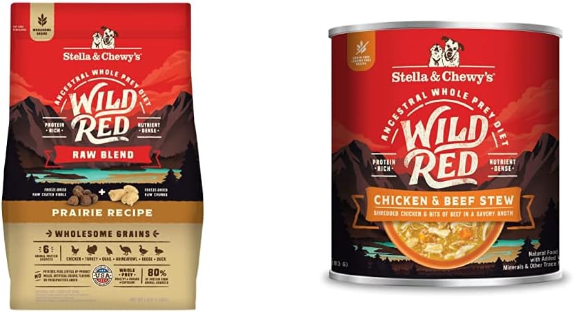 Stella & Chewy's Wild Red Raw Blend Kibble Dry Dog Food Wholesome Grains Prairie Recipe, 3.5lb Bag + Wild Red Chicken & Beef Stew Wet Dog Food, 10oz Cans (Pack of 6)