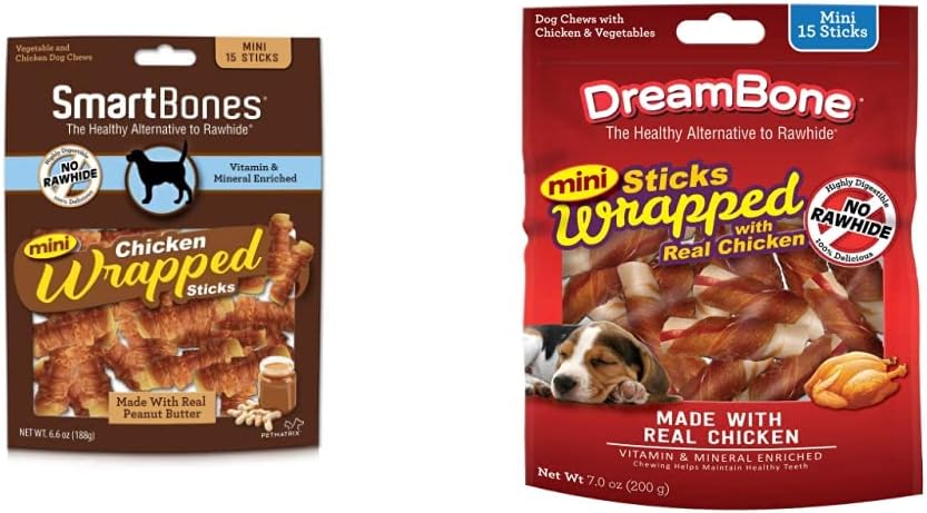 SmartBones Chicken-Wrapped Sticks, Treat Your Dog to a Rawhide-Free Chew Made with Real Chicken and Vegetables & DreamBone Mini Chicken-Wrapped Chews 15 Count, Rawhide-Free Chews for Dogs