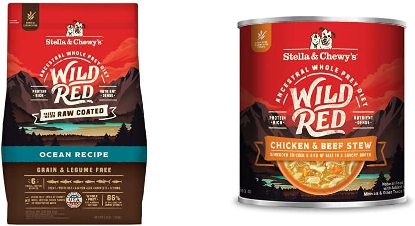 Stella & Chewy's Wild Red Raw Coated Kibble Dry Dog Food Grain Free Ocean Recipe, 3.5lb Bag + Wild Red Chicken & Beef Stew Wet Dog Food, 10oz Cans (Pack of 6)