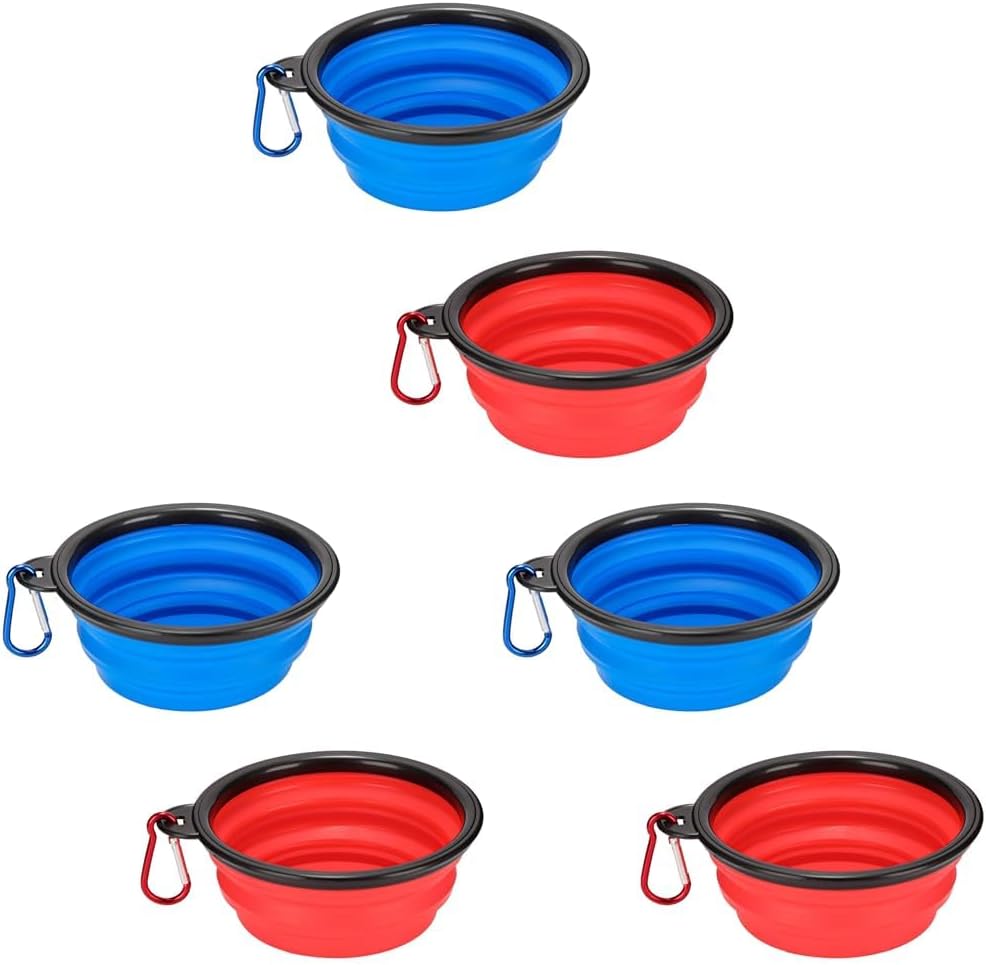 Emoly Pack of 6 Large Size Collapsible Dog Bowl, Food Grade Silicone BPA Free, with Carabiner Clip Foldable Expandable Cup Dish for Pet Cat Food Water Feeding Portable Travel Bowl (Blue & Red)