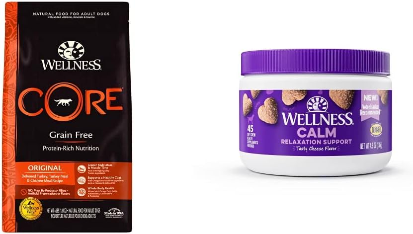 Wellness Food + Supplements Bundle: CORE Natural Grain Free Dry Dog Food, Turkey & Chicken, 4-Pound Bag Calming Soft Chew Dog Supplements, Tasty Cheese Flavored, 45 Count