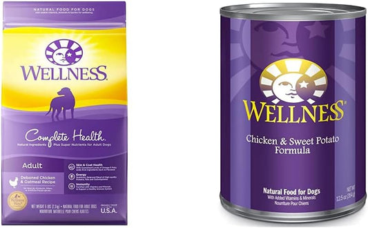 Wellness Complete Health Dry + Wet Dog Food Bundle: Natural Dry Food with Wholesome Grains, Chicken & Oatmeal, 5 lb Bag + Wet Canned Food, Chicken & Sweet Potato, 12.5-Ounce Can (Pack of 12)