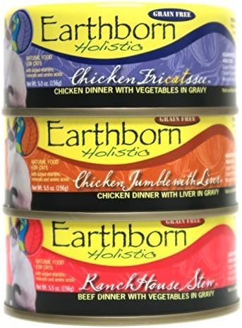 Earthborn Holistic Wet Cat Food Variety Pack - 3 Flavors (Chicken Jumble with Liver, RanchHouse Stew, and Chicken Fricatssee) - 5.5 Ounces Each (12 Total Cans) by Earthborn Holistic