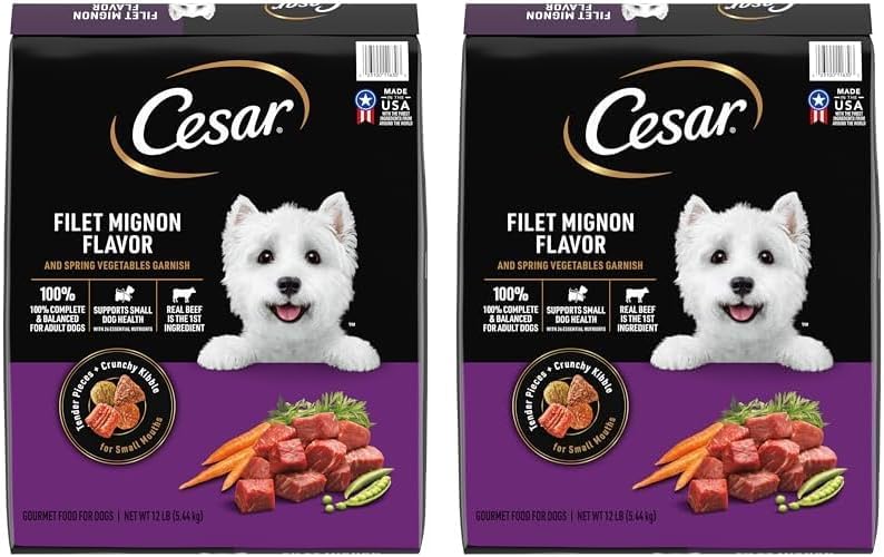 Cesar Small Breed Adult Dry Dog Food Filet Mignon Flavor with Spring Vegetables Garnish Dog Kibble, 12 lb. Bag (Pack of 2)