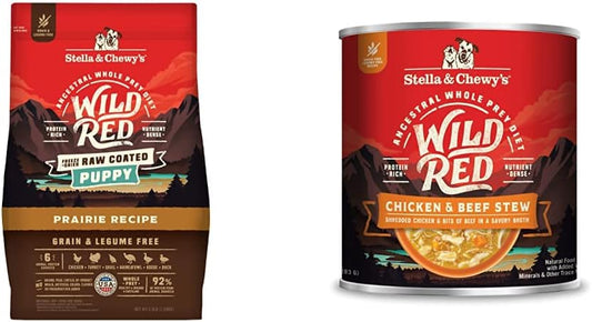 Stella & Chewy's Wild Red Raw Coated Kibble Dry Dog Food Grain Free Puppy Prairie Recipe, 3.5lb Bag + Wild Red Chicken & Beef Stew Wet Dog Food, 10oz Cans (Pack of 6)