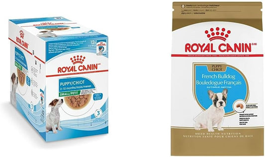 Royal Canin Bundle Size Health Nutrition Small Puppy Chunks in Gravy Wet Dog Food, 3 Oz Pouches 12-Pack + French Bulldog Puppy Dry Dog Food, 3 lb Bag