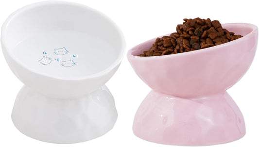 AOMRYOM Ceramic Tilted Raised Cat Food and Water Bowl Set, Elevated Stress Free Feeding Pet Bowl Dish for Cats and Small Dogs, Protect Cat's Spine, White & Pink, Set of 2