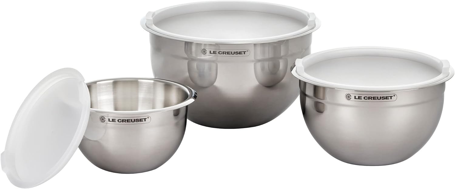 Le Creuset Set of 3 Nested Mixing Bowls w\/Nonslip Silicone Base & Plastic Air Tight Lids, Large, Stainless Steel