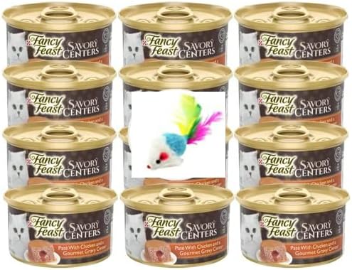 Fncy Fest Pate Wet Cat Food, Savory Centers Pate with Chicken and a Gourmet Gravy Center 3 oz. 12 Cans with a Mouse Toy