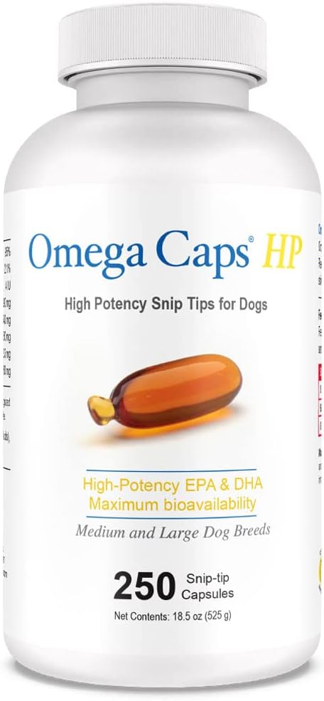 Omega-Caps High Potency Snip Tips for Medium to Large Breeds-Vet Formulated for Healthy Radiant Skin & Coat. Contains Omega 3 for Joint & Immune System Support, Easy to Dose Soft Gel Capsules 250 CT.