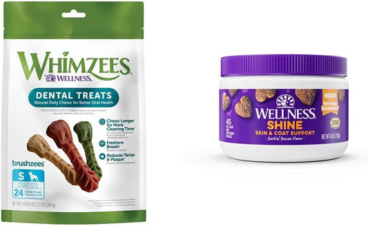 Whimzees by Wellness Brushzees Dental Chews for Dogs, Small Breed, 24 Count + Wellness Skin & Coat Soft Chew Dog Supplements, Barkin' Bacon Flavored, 45 Count