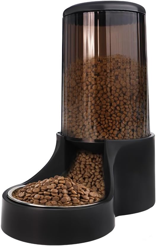 Makikuser Automatic Cat Feeder, 3.8L Large Automatic Cat Feeders Gravity Cat Food Dispenser with Detachable Top Lid, Visible Bottle and Stainless Steel Bowl for Cat, Dog and Pet (Full Black)