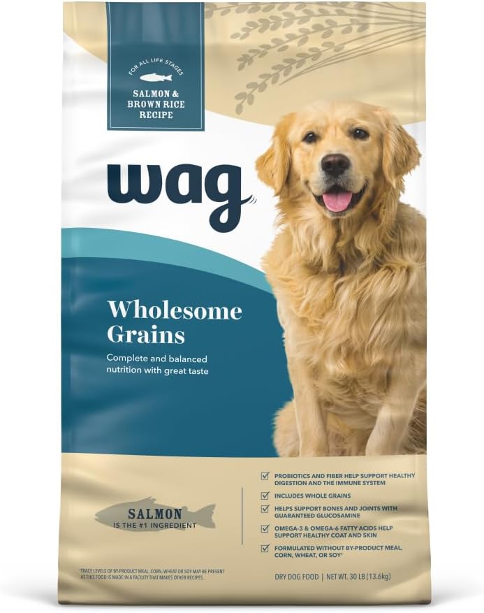 Amazon Brand \u2013 Wag Dry Dog Food, Salmon and Brown Rice, 30 lb Bag (Pack of 1)