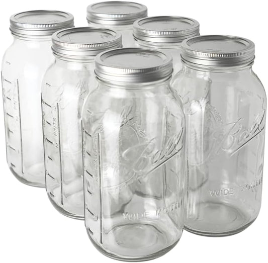 Ball - 64oz Mason Jars with Lids & Bands 6-Pack Half Gallon Mason Jars Clear Glass Jars for Kitchen Storage & Canning for Herbs, Jelly, Jams, and Spices 64 Ounce Wide Mouth Jars with Lid