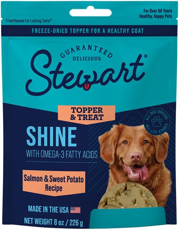 Stewart Freeze Dried Dog Food Topper, Shine, Salmon and Sweet Potato Recipe, 8 Ounce Pouch, Omega-3 for a Healthy Coat