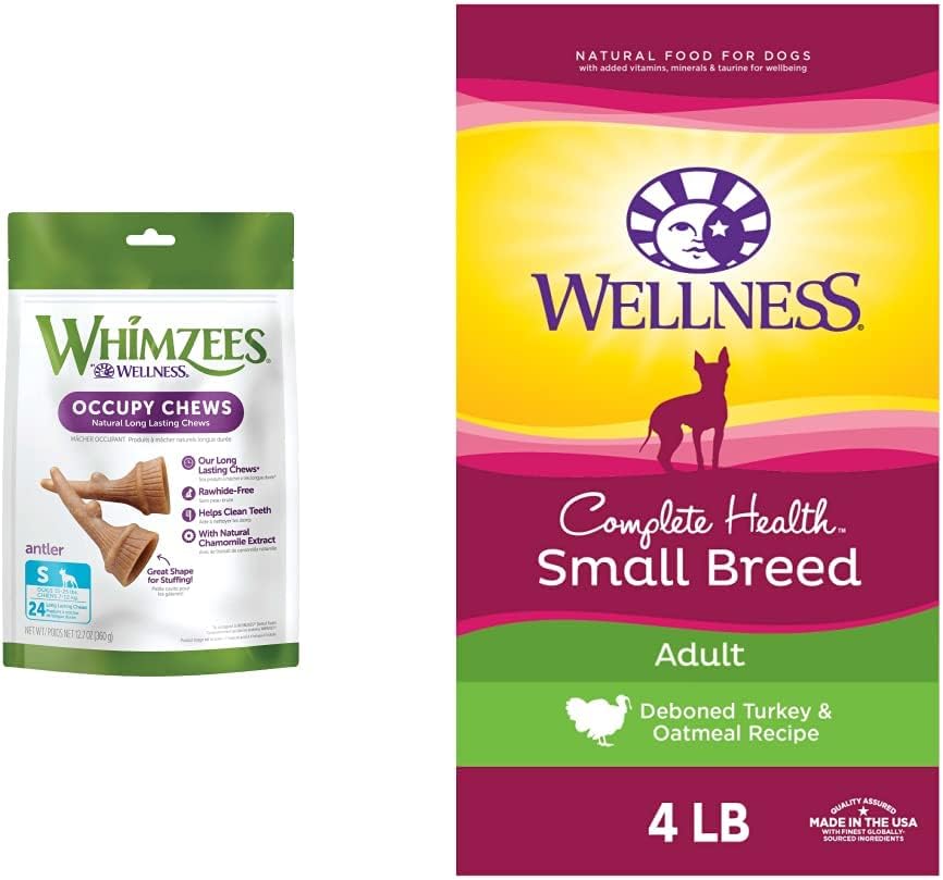 Whimzees by Wellness Occupy Antler + Dry Dog Food Bundle: Small Breed, 24 Count + Wellness Complete Health Small Breed Food for Dogs Up to 25 lbs, Turkey & Oatmeal, 4-Pound Trial Bag