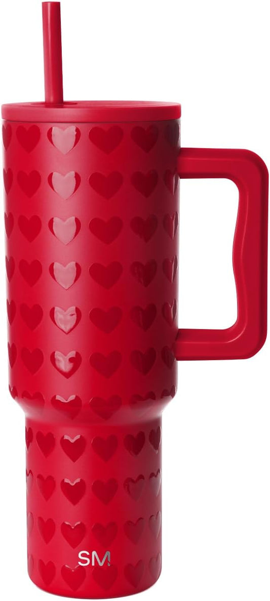 Simple Modern Valentines Day 40 oz Tumbler with Handle and Straw Lid | Gift Insulated Reusable Stainless Steel Water Bottle Travel Mug Cupholder Use | Gifts for Women | Trek Collection | Red Hearts