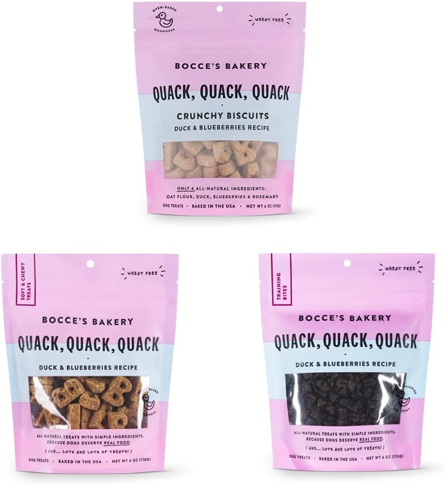 Bocce's Bakery Quack, Quack, Quack Treat Bundle for Dogs, Wheat-Free Everyday Dog Treats, Made with Real Ingredients, Baked in The USA, All-Natural Soft & Chewy Cookies, Biscuits & Training Treats