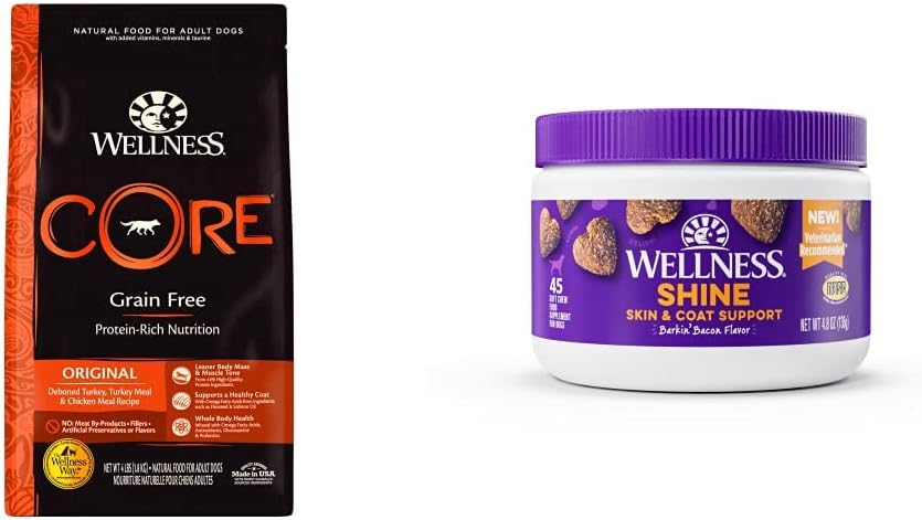 Wellness Food + Supplements Bundle: CORE Natural Grain Free Dry Dog Food, Original Turkey & Chicken, 4-Pound Bag Skin & Coat Soft Chew Dog Supplements, Barkin' Bacon Flavor, 45 Count