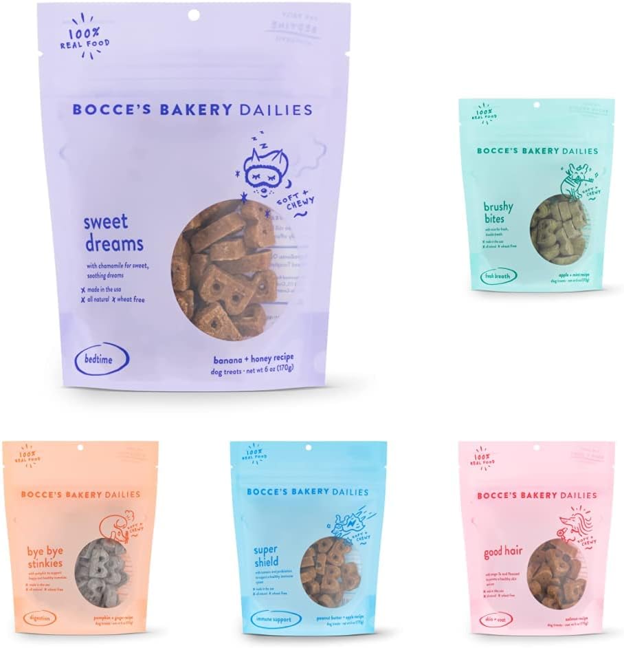 Bocce's Bakery Dailies Assorted Treat Bundle for Dogs, Wheat-Free Dog Treats, Made with Real Ingredients, Baked in The USA, All-Natural Soft & Chewy, 6 oz