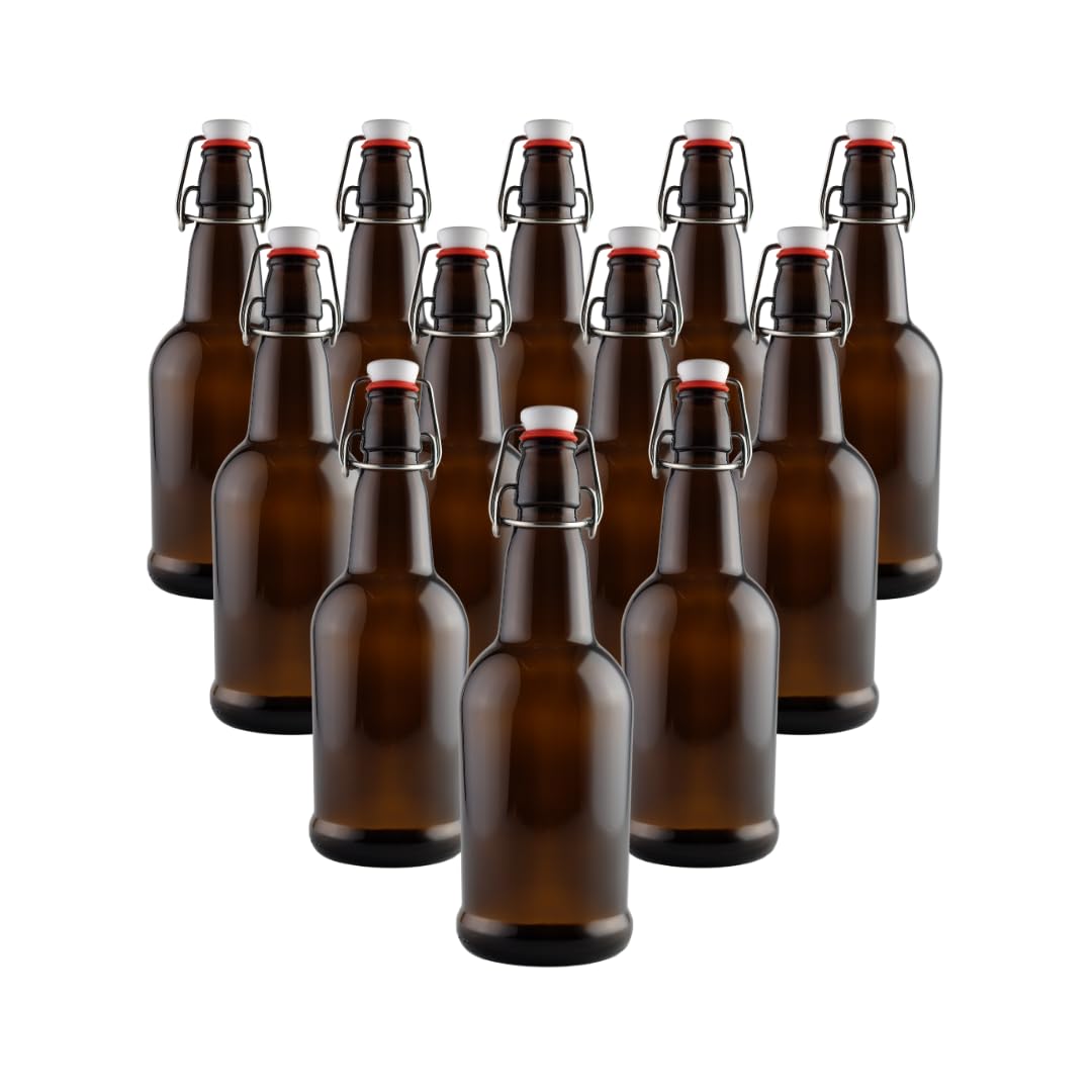 FastRack Swing Top Glass Bottles | 33 oz – Pack of 12 | Amber Glass Bottles for Home Brewing | Flip Top Glass Bottles for Carbonated Drinks, Kombucha, Fermentation, Water Food Grade – ECO Friendly