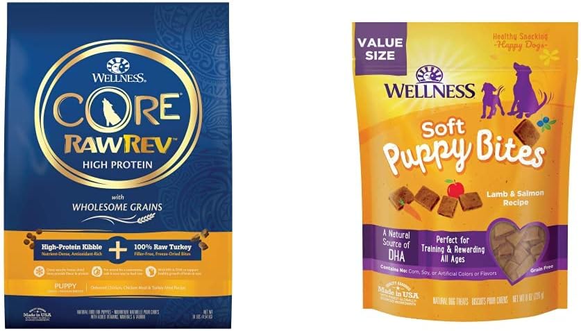 Wellness CORE RawRev Wholesome Grains Puppy Recipe, 10 lbs Soft Puppy Bites, Lamb and Salmon, 8 oz Bag