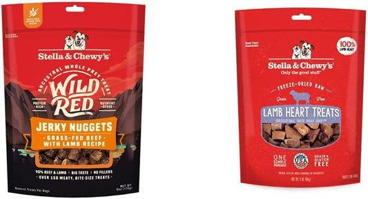 Stella & Chewy's Wild Red Jerky Nuggets Dog Treats Beef & Lamb Recipe and Freeze-Dried Raw Single Ingredient Lamb Heart Treats Bundle