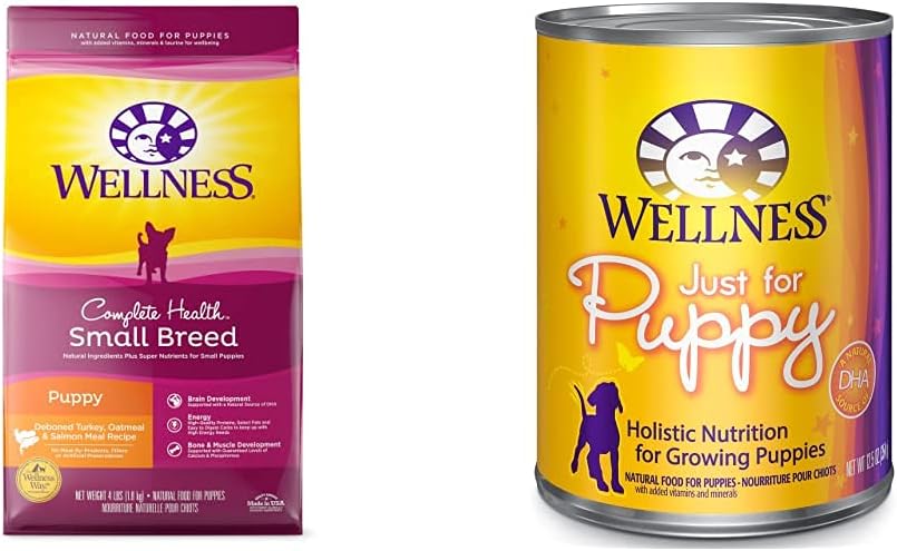 Wellness Complete Health Small Breed Dry Puppy Food, Turkey, Oatmeal & Salmon Meal, 4 Pound Bag + Wellness Wet Puppy Food, Chicken & Salmon, 12 Cans, 12.5 Ounce Can