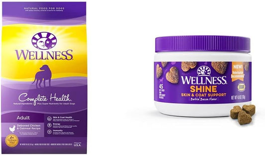 Wellness Complete Health Food + Supplements Bundle: Dry Dog Food with Grains (Chicken & Oatmeal, 30-Pound Bag) Skin & Coat Soft Chew Dog Supplements, Barkin' Bacon Flavored, 45 Count