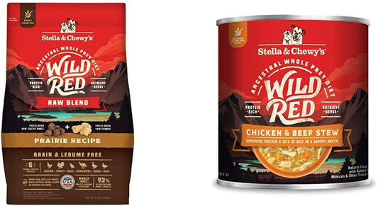 Stella & Chewy's Wild Red Raw Blend Kibble Dry Dog Food Grain Free Prairie Recipe, 3.5lb Bag + Wild Red Chicken & Beef Stew Wet Dog Food, 10oz Cans (Pack of 6)