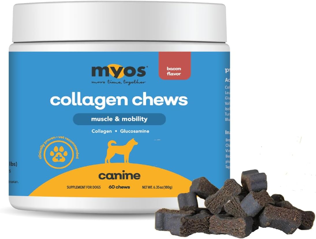 MYOS Canine Muscle & Mobility Chews – Natural Collagen & Glucosamine for Dogs - Bacon Flavor Joint Supplement for Muscle, Bone & Joint Support, 60 Count