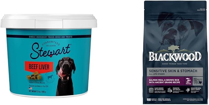 Stewart Bundle Single Ingredient Freeze Dried Raw Dog Treats, Beef Liver, 21 Ounce Tub + Blackwood Sensitive Skin & Stomach Dry Dog Food, Salmon Meal & Brown Rice with Ancient Grains, 4.5 Pound Bag