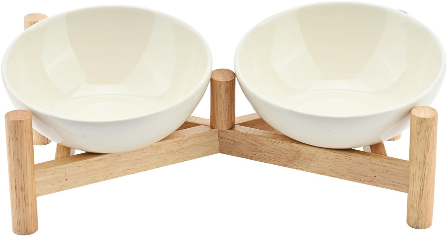 SPUNKYJUNKY Ceramic Slanted Elevated Cat Bowls Tilted Raised Cat Food Water Bowls Set Feeding Station with Anti-Slip Wooden Stand for Cats and Small Dogs(Double Bowls Set)