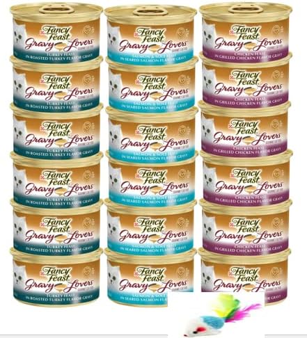 Fncy Fest Gravy Lovers Variety Packs Wet Cat Food Bundle Includes Turkey, Salmon & Sole, Chicken Fest in Gravy Flavor Grain-Free Proteins (Pack of 18) Bundled with a Mouse Toy