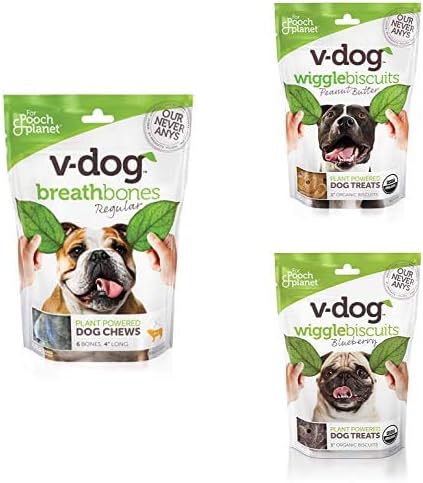 V-dog Medium-Large Dog Vegan Treats 3-Count Variety Pack, Regular Breathbones and Wiggle Biscuits, with Superfoods