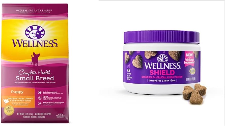 Wellness Complete Health Small Breed Puppy Food + Supplements Bundle: Dry Dog Food with Grains (Turkey, Salmon & Oatmeal, 4-Pound Bag) Immune & Allergy Soft Chew Dog Supplements, 45 Count