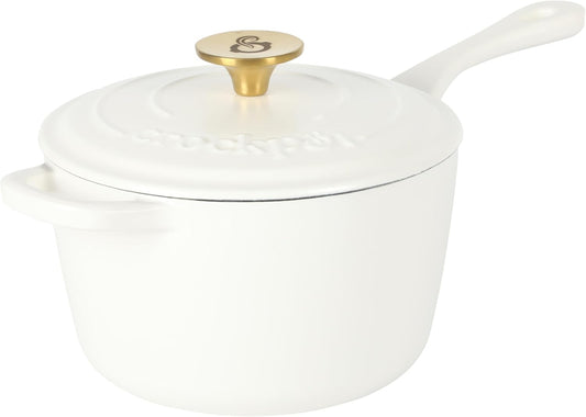 Crock-Pot 3 Qt European Enameled Cast Iron Sauce Pan W\/Lid - Matte Linen White