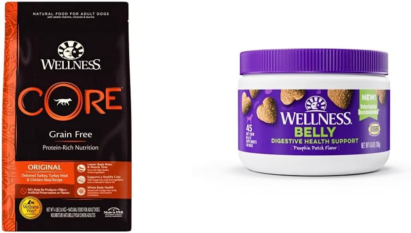 Wellness Food + Supplements Bundle: CORE Natural Grain Free Dry Dog Food, Turkey & Chicken, 4-Pound Bag Digestive Health Soft Chew Dog Supplements, Pumpkin Patch Flavored, 45 Count