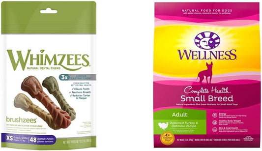 Whimzees Brushzees Extra Small Dental Treats + Wellness Complete Health Small Breed Dog Food, 12 lb Bag